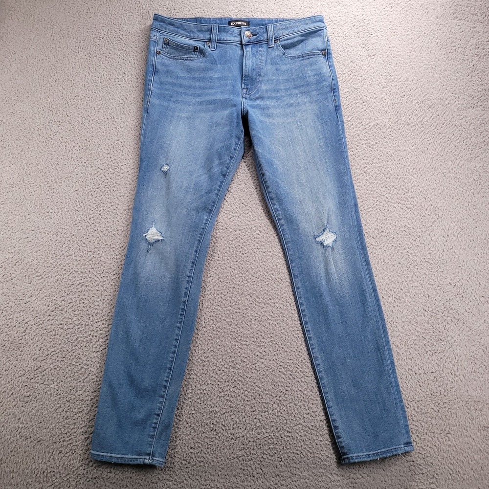 EXPRESS Jeans Mens 32x31 (Tag 32x32) Skinny Distressed‎ Hyper Stretch Blue Denim